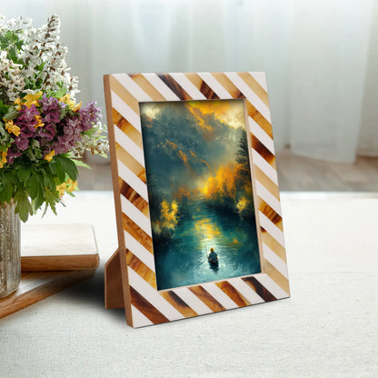 Bone & Resin Inlay Brown & White Striped Pattern Picture Frame