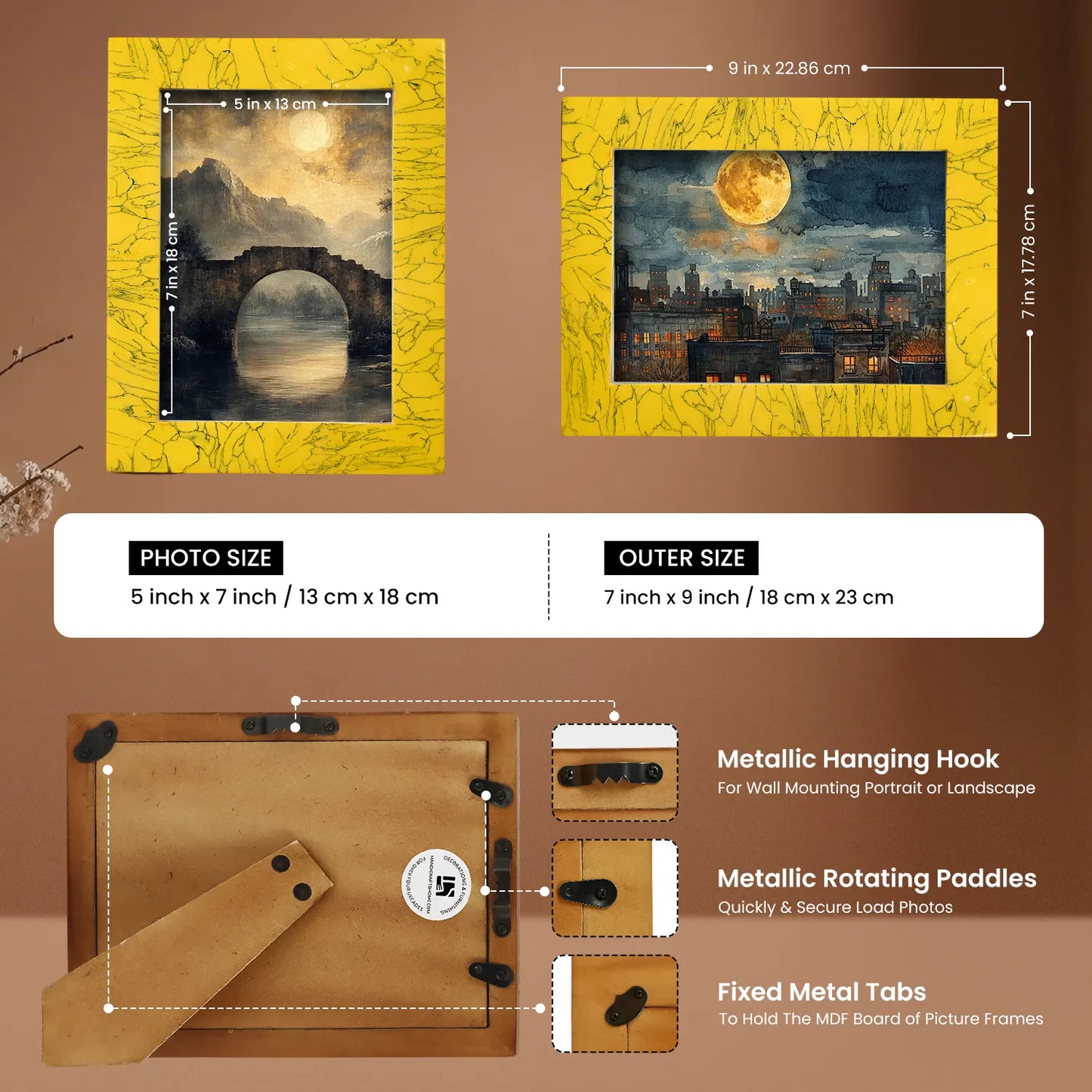 Resin Inlay Handmade Yellow Picture Frame for Wall & Tabletop - 5x7