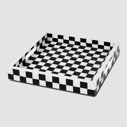 Decorative Tray Illusion Check Pattern Resin Inlay Collection in 12x12, Black & White