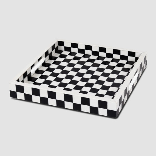 Decorative Tray Illusion Check Pattern Resin Inlay Collection in 12x12, Black & White