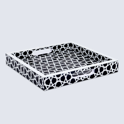 Decorative Tray Zellij Pattern Resin Inlay Collection in 2 Sizes, Black & White