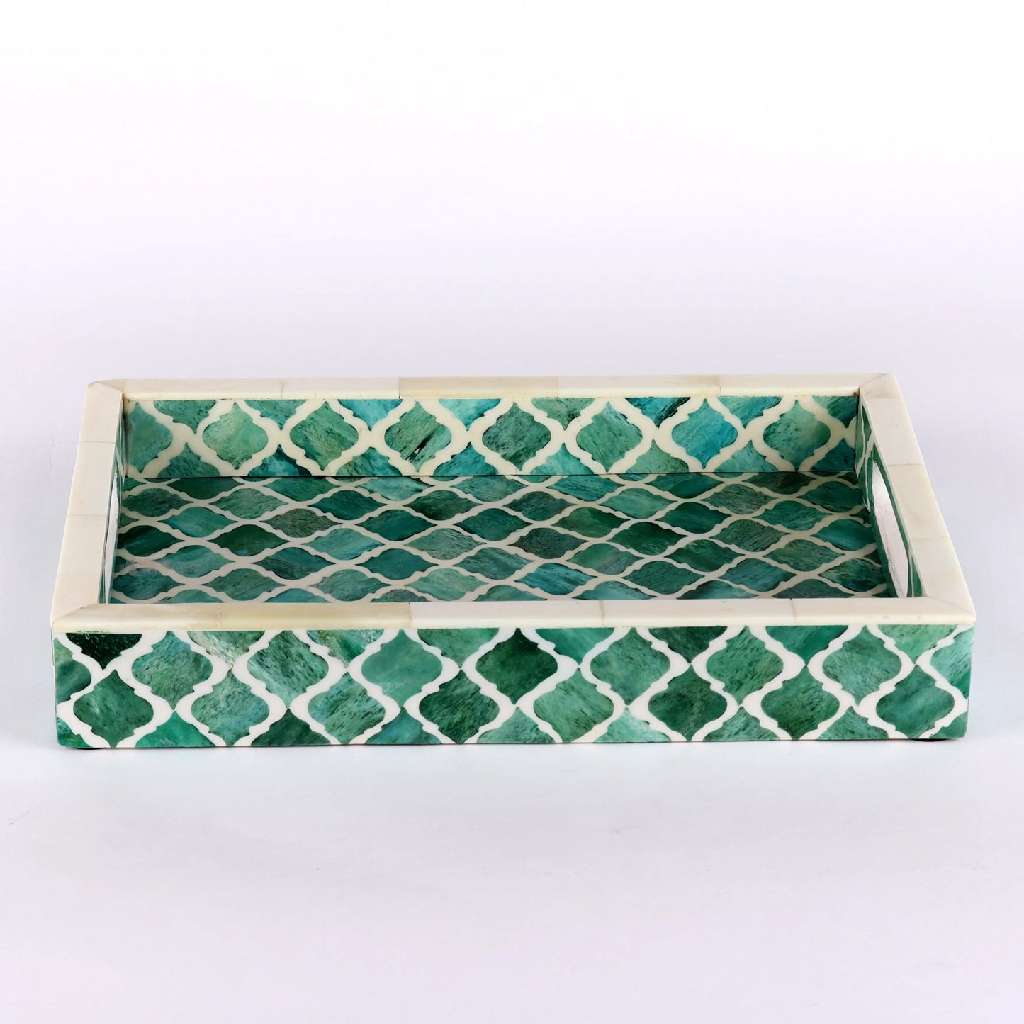 Decorative Tray Moroccan Pattern Bone & Resin Inlay Collection in 3 Sizes, Green & White