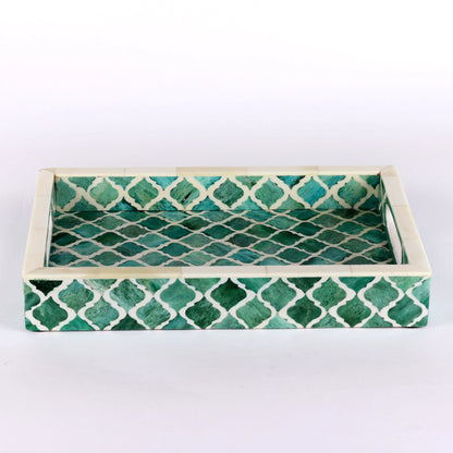 Decorative Tray Moroccan Pattern Bone & Resin Inlay Collection in 3 Sizes, Green & White