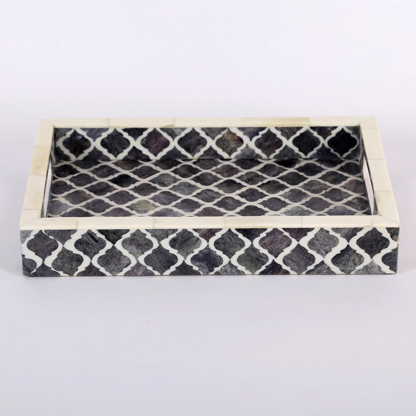 Decorative Tray Moroccan Pattern Bone & Resin Inlay Collection in 3 Sizes, Grey & White