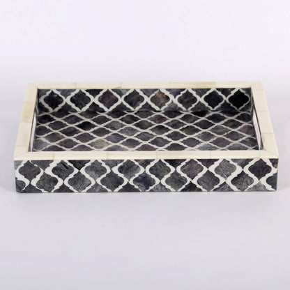 Decorative Tray Moroccan Pattern Bone & Resin Inlay Collection in 3 Sizes, Grey & White