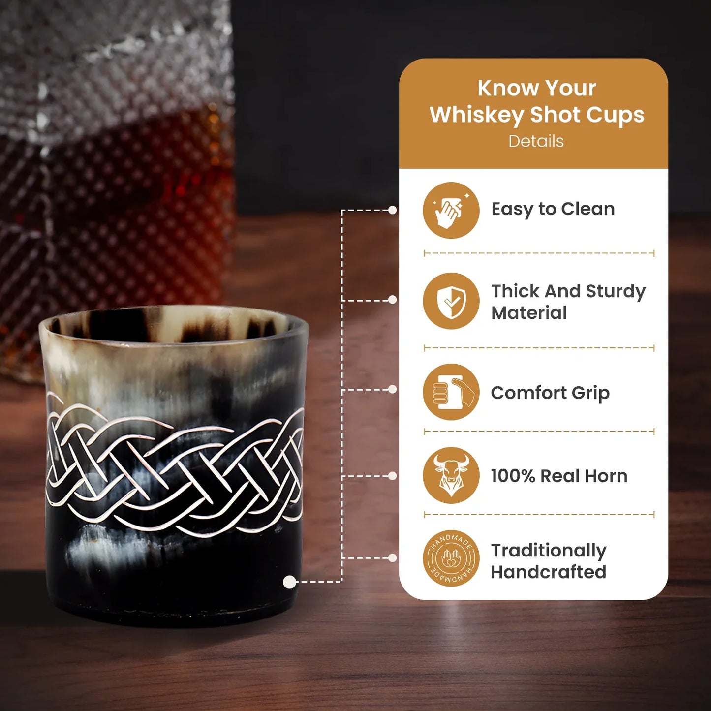Horn Whiskey Shot Glasses Pack (4,8 & 12) – Hold Up to 6.5oz, Knot