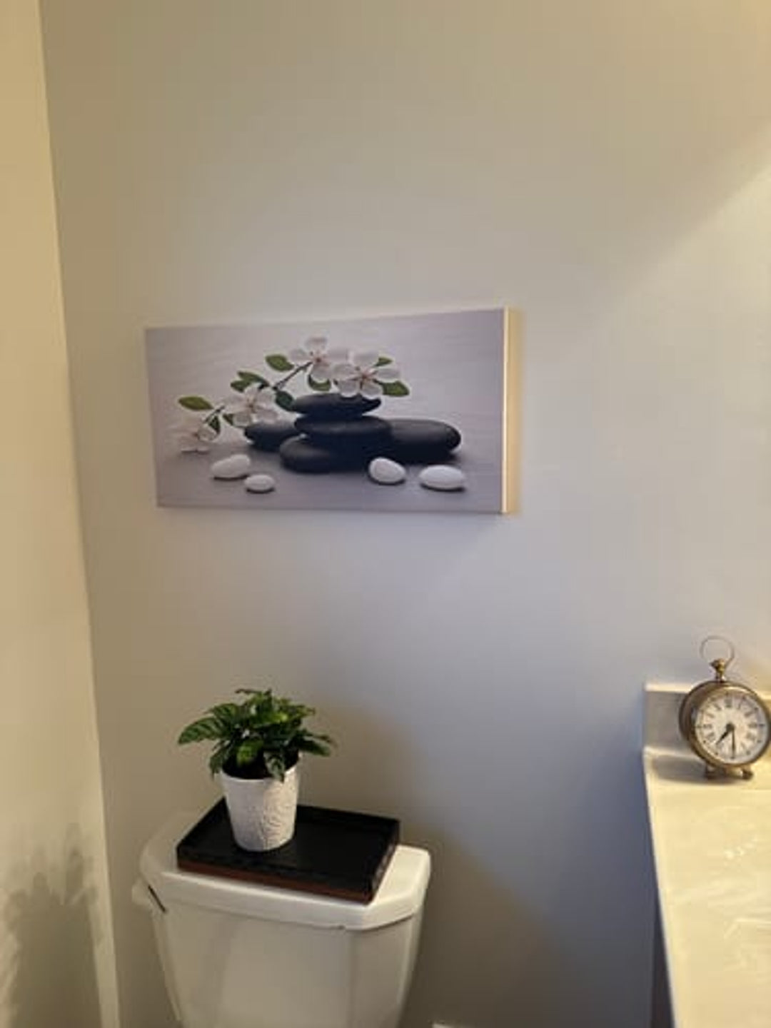 Floral Zen Stones White Bathroom Wall Art | Canvas Wall Decor for Relaxing Spaces v2