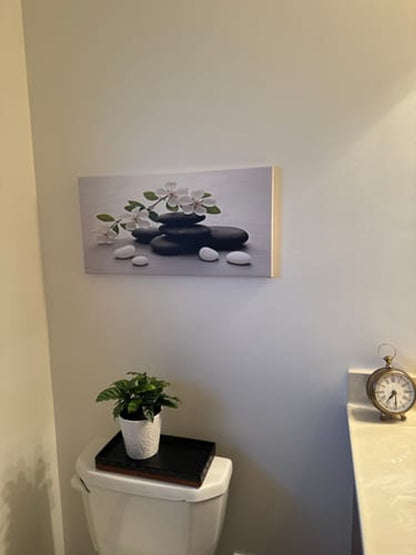 Floral Zen Stones White Bathroom Wall Art | Canvas Wall Decor for Relaxing Spaces v2