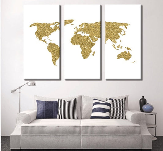 Gold World Map Wall Art, world map push pin Large watercolor wall art world map poster wall dorm decor art print, Living room and office decor