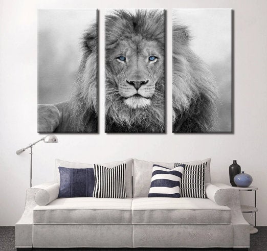 Lion Wall Art | Lion Canvas | Living Room Bedroom Canvas Wall Art Set | Black and White Blue Eyed Lion