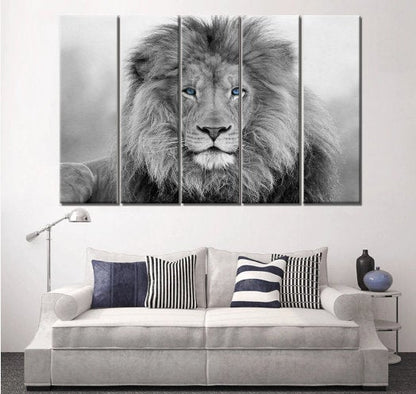 Lion Wall Art | Lion Canvas | Living Room Bedroom Canvas Wall Art Set | Black and White Blue Eyed Lion