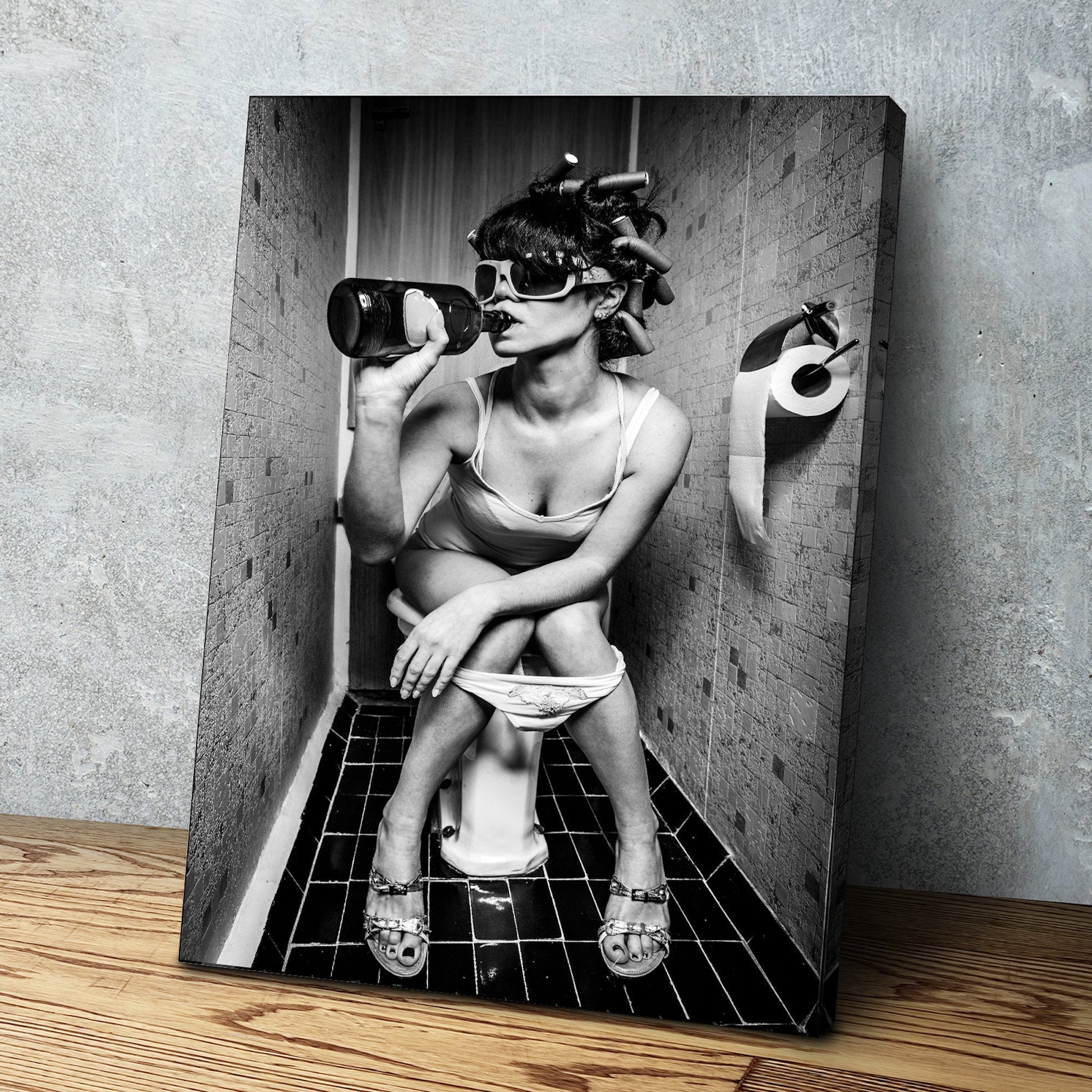 Bathroom Drink Poster, Black and White Bathroom Wall Art Funny Woman Drinking on the Toilet Humor Restroom Photo Print unique vintage modern