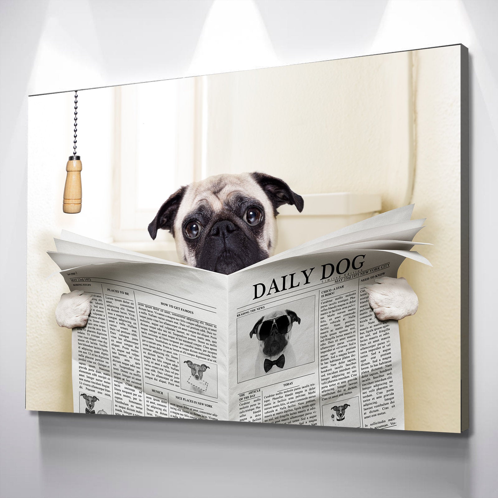 Dog Bathroom Art | Bathroom Wall Decor | Bathroom Canvas Art Prints | Canvas Wall Art | Pug Toilet Newspaper