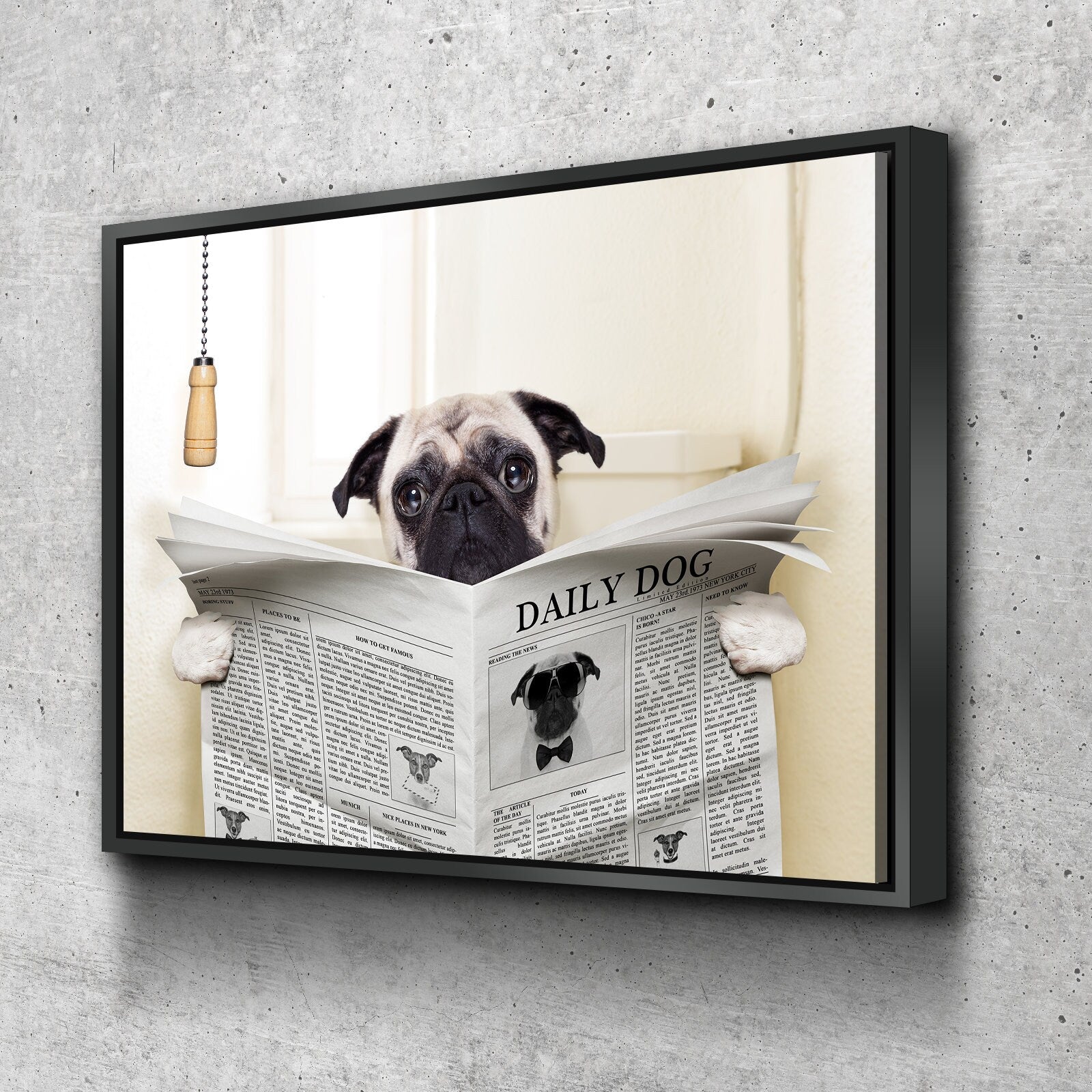 Dog Bathroom Art | Bathroom Wall Decor | Bathroom Canvas Art Prints | Canvas Wall Art | Pug Toilet Newspaper