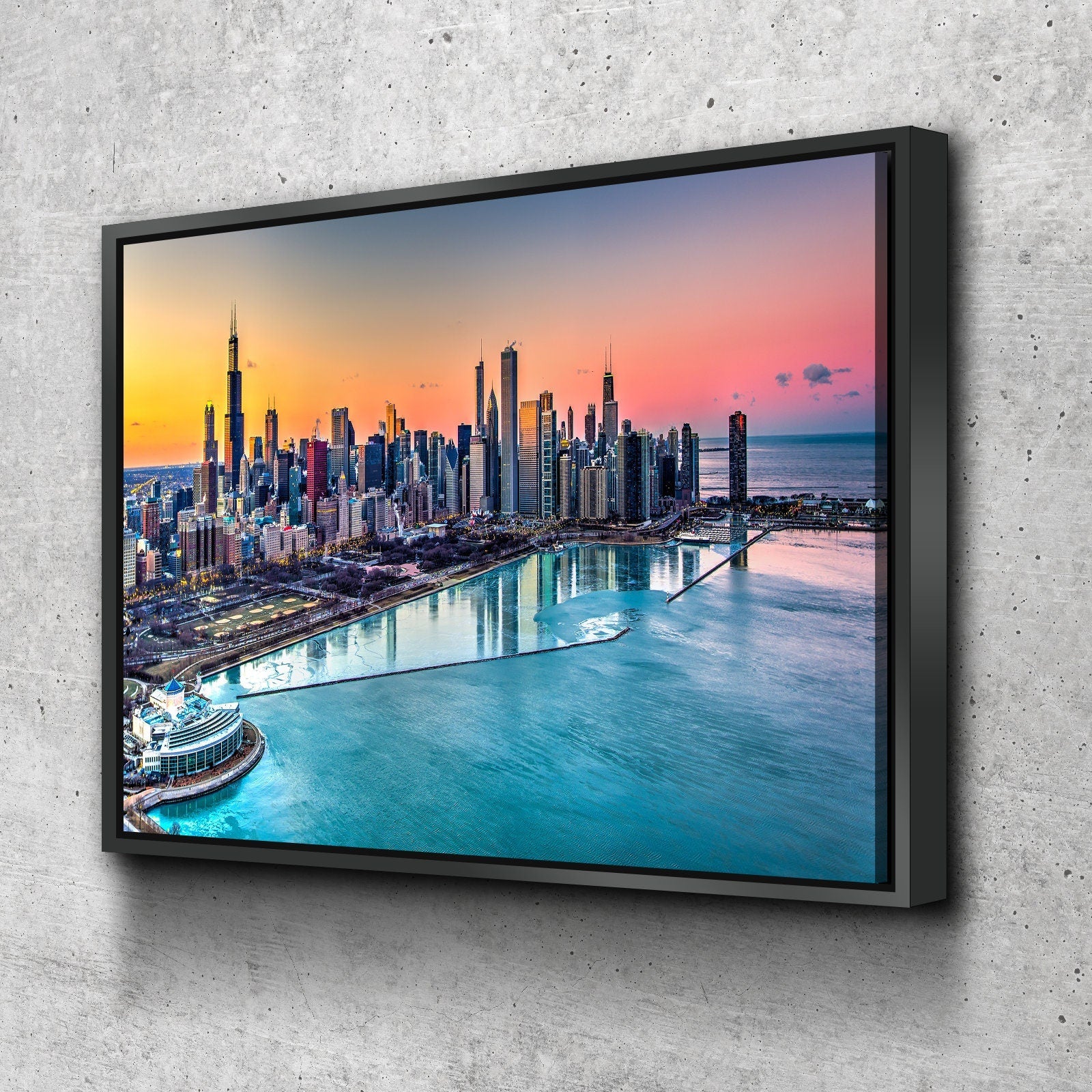 Chicago Skyline | Chicago Canvas Wall Art | Chicago Print Art | Chicago Poster | Chicago Skyline Harbor At Sunset