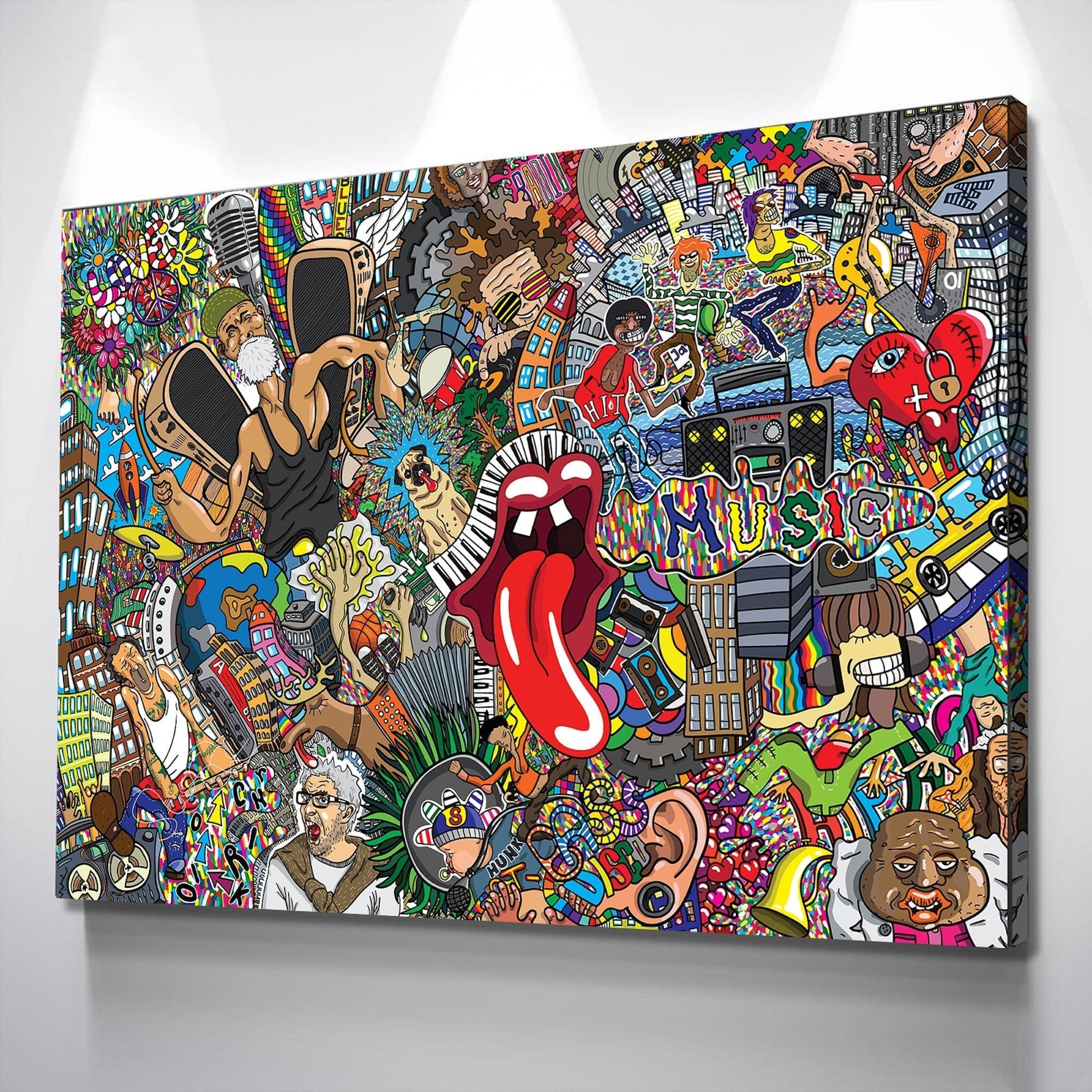 Graffiti Wall Art Poster Canvas Wall Art Music collage on a large brick wall Graffiti Ready to Hang Various Sizes By Zarya Maxim