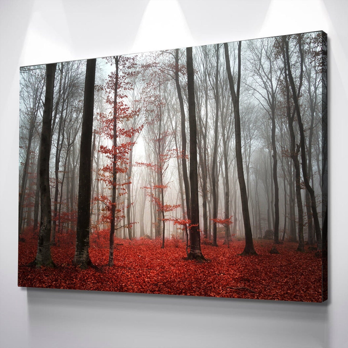 Living Room Wall Art| Landscape wall Art Canvas Prints | Forest Wall Art | Forest Scenery Canvas Wall Art | Red Leaves Forest Trees Mist