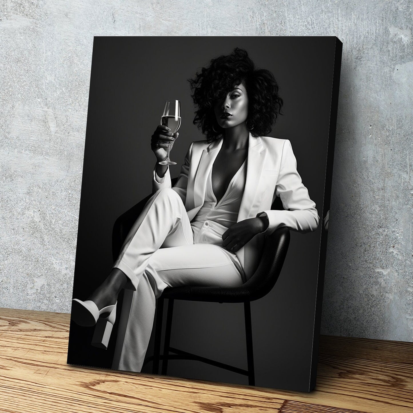 African American Wall Art | African Canvas Art | Canvas Wall Art | Beautiful Woman Drinking White Wine White Suit Portrait Canvas Art