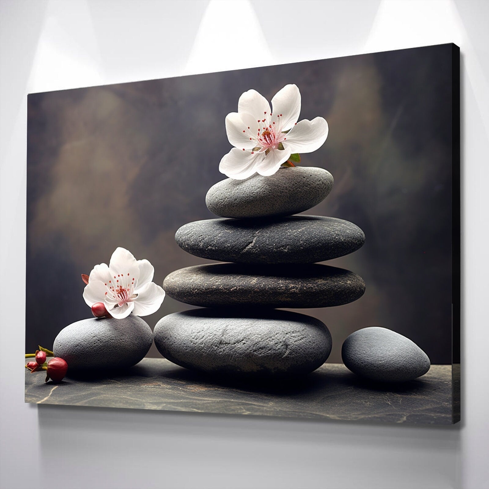 Floral Zen Stones Black Spa Bathroom Wall Art | Bathroom Wall Decor | Bathroom Canvas Art Prints | Canvas Wall Art v2