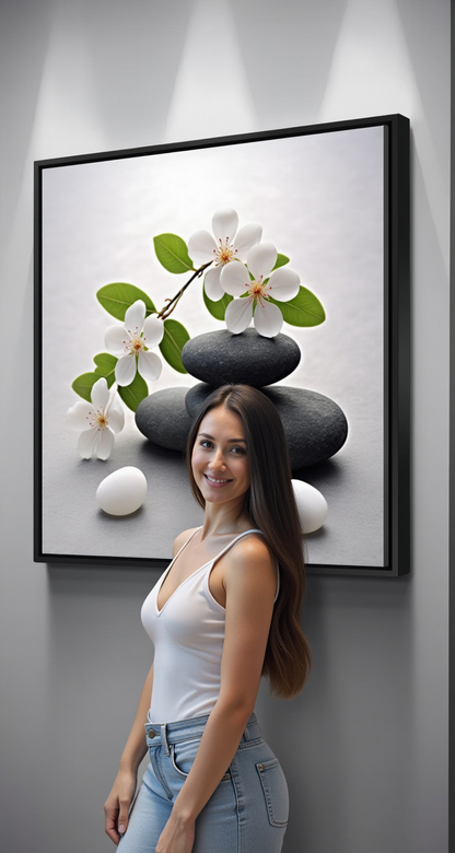 Floral Zen Stones White Bathroom Wall Art | Canvas Wall Decor for Relaxing Spaces v2