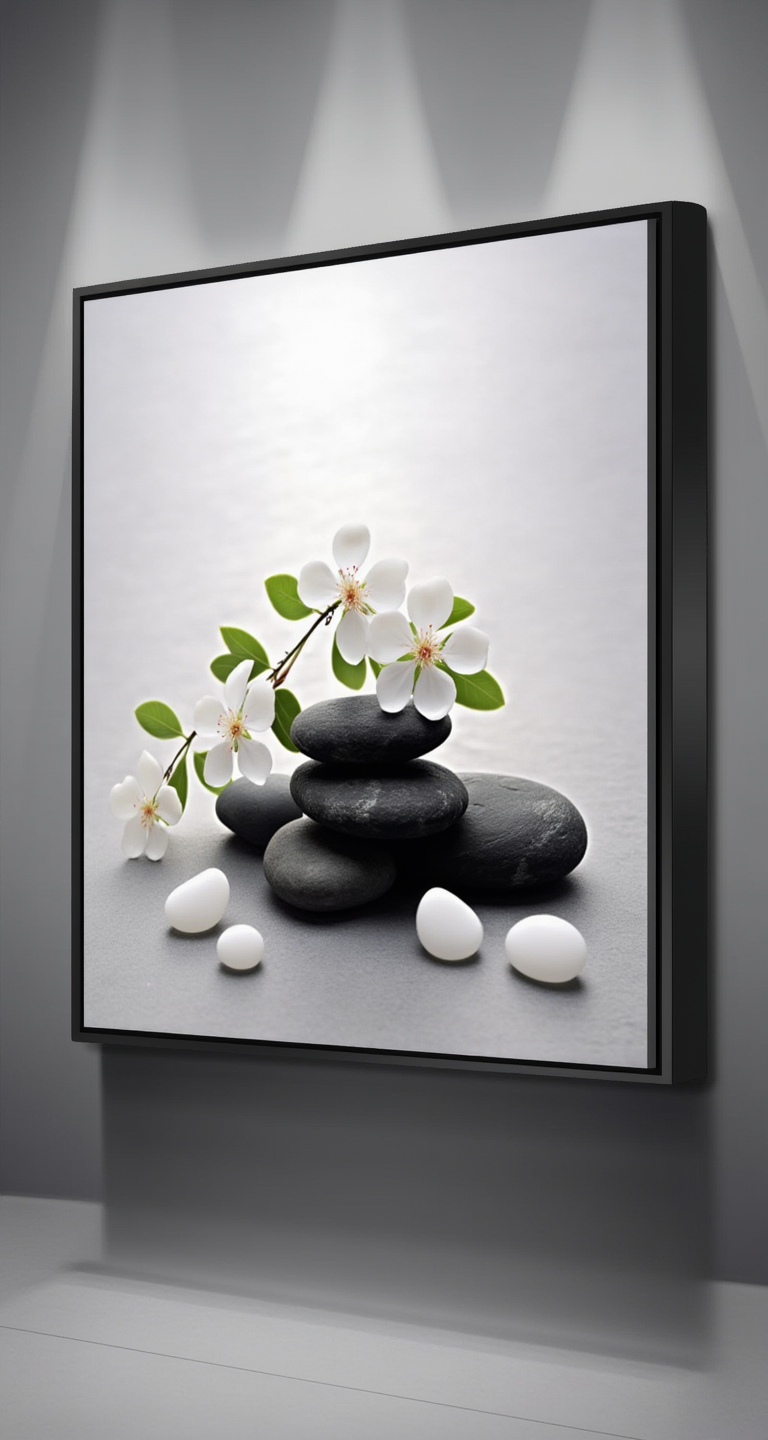 Floral Zen Stones White Bathroom Wall Art | Canvas Wall Decor for Relaxing Spaces v2