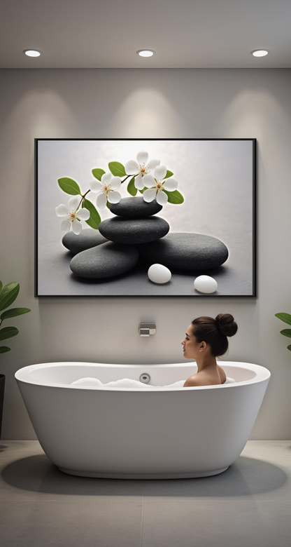 Floral Zen Stones White Bathroom Wall Art | Canvas Wall Decor for Relaxing Spaces v2