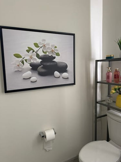 Floral Zen Stones White Bathroom Wall Art | Canvas Wall Decor for Relaxing Spaces v2