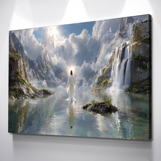 Jesus Walking on Water Canvas – Spiritual Wall Art with Waterfalls