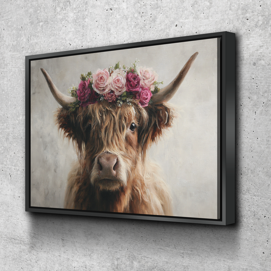 Highland Cow Canvas Wall Art – Floral Crown Farmhouse Decor
