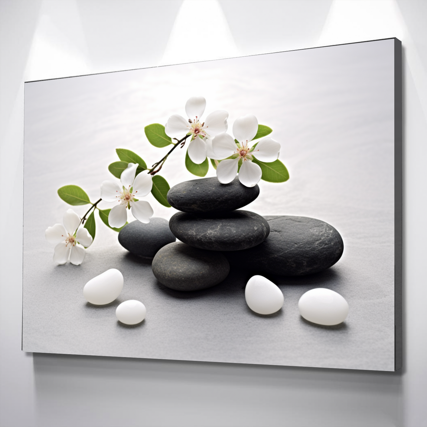 Floral Zen Stones White Bathroom Wall Art | Canvas Wall Decor for Relaxing Spaces v2