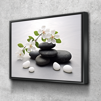 Floral Zen Stones White Bathroom Wall Art | Canvas Wall Decor for Relaxing Spaces v2