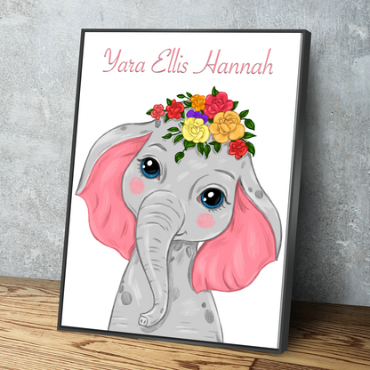 Personalized Name Safari Animals Baby Girl Nursery Wall Art Nursery Canvas Wall Art Decor Pink Floral Elephant Decor Prints